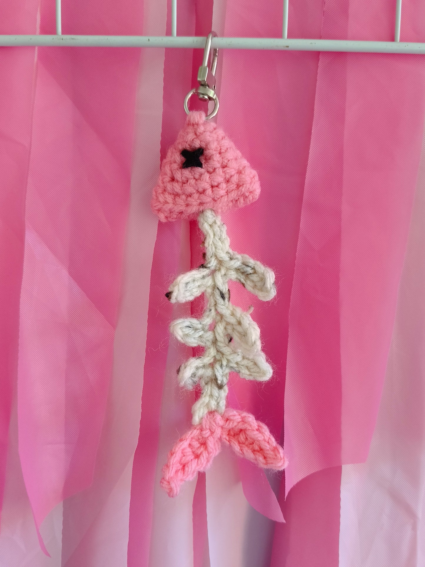 Pink fish bones - Crochet bag charm