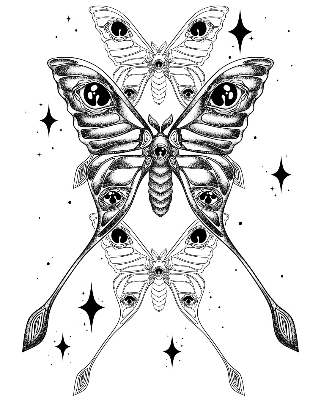 Black and white moth illustration with eyes on the wings on a white background