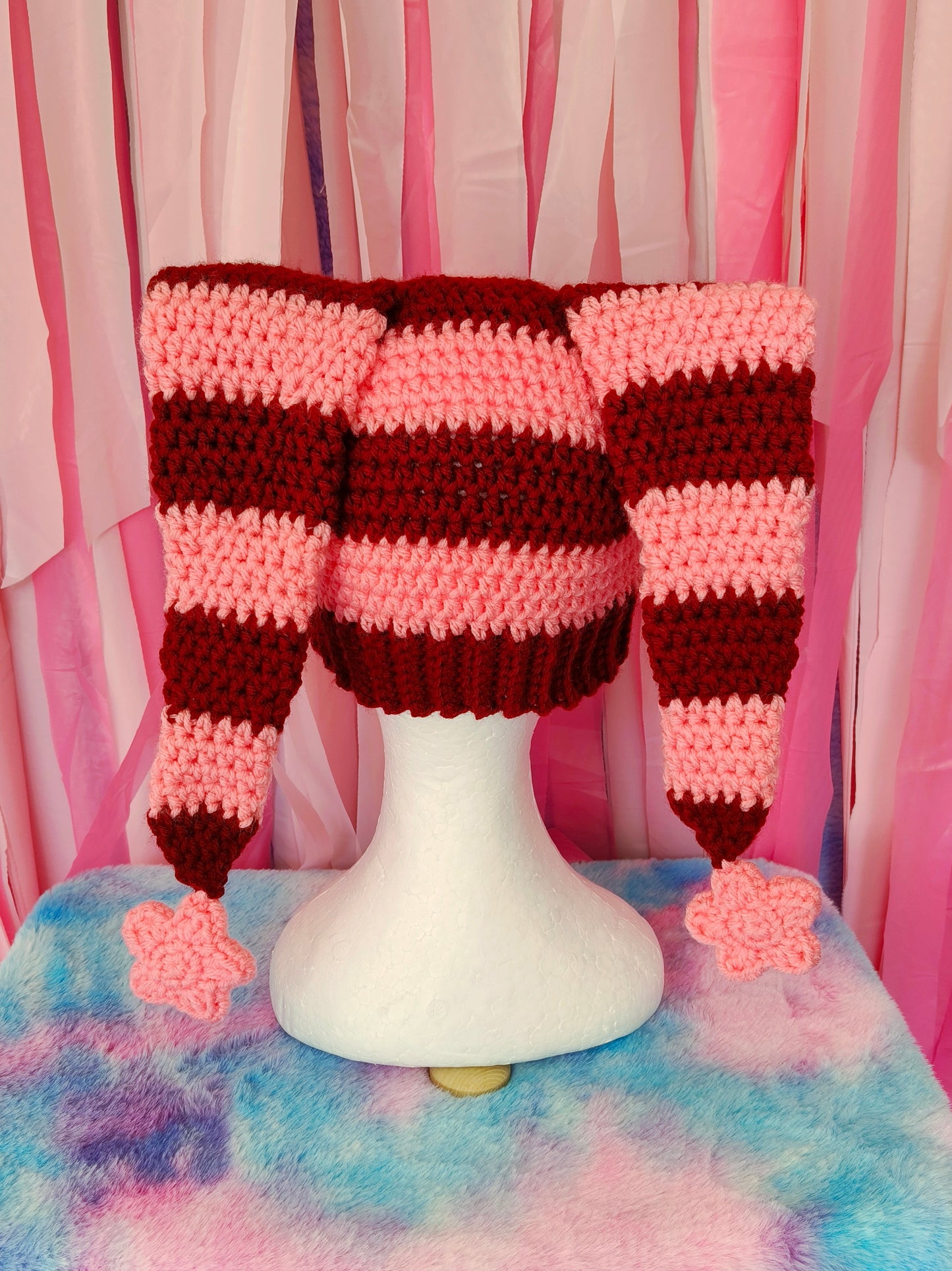 Pink and maroon Jester hat - Crochet Beanie