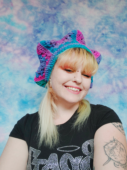 Pink, Purple and Teal Star Beret - Crochet Beret