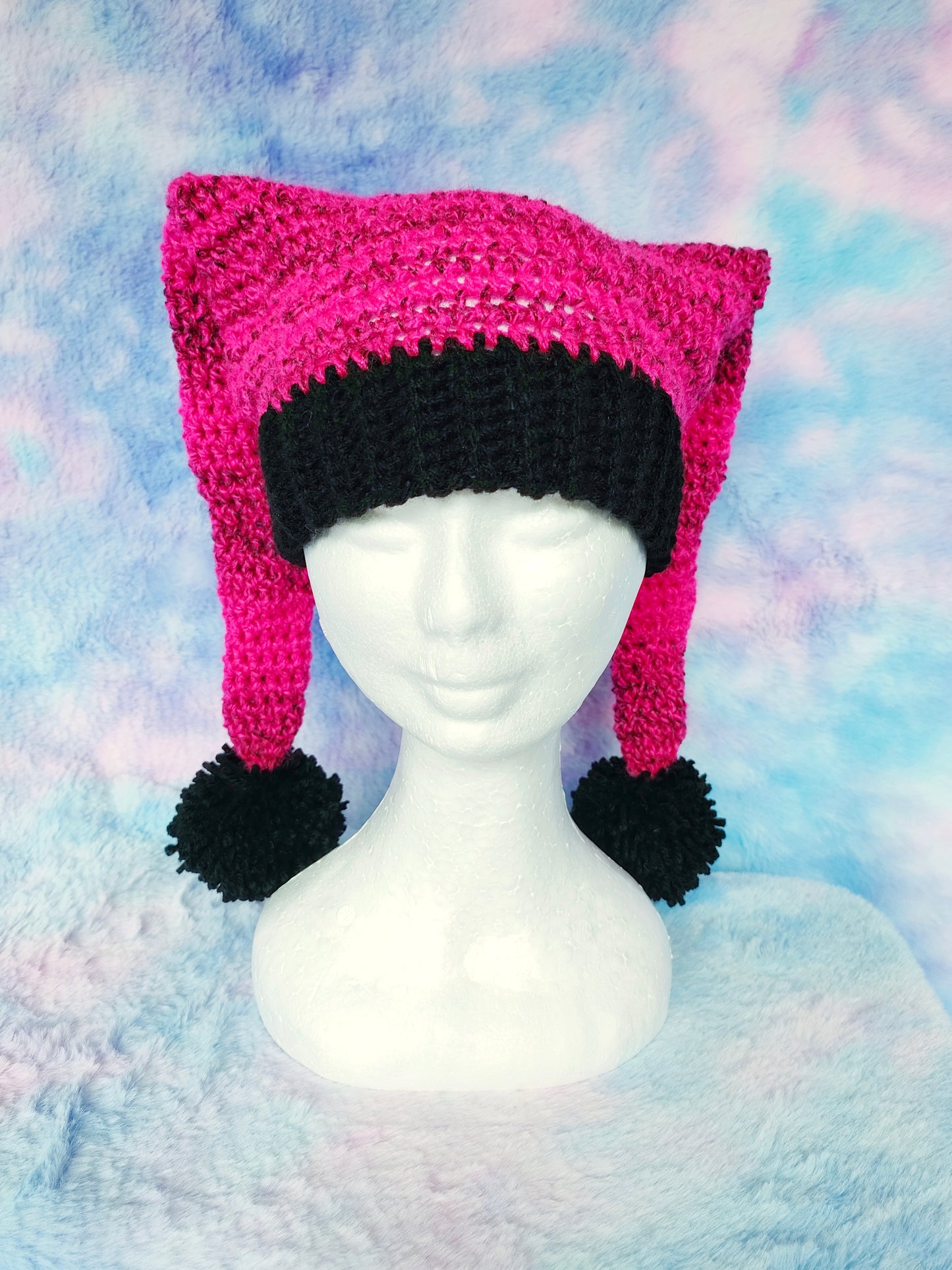 Hot Pink and Black Jester hat - Crochet Beanie