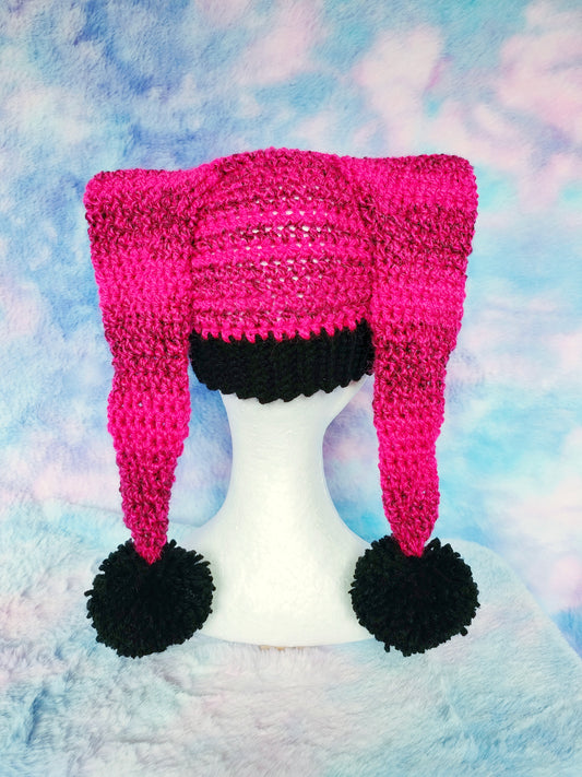 Hot Pink and Black Jester hat - Crochet Beanie