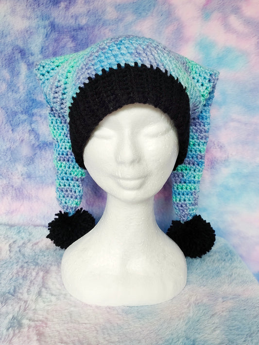 Multi Blue and Black Jester hat - Crochet Beanie