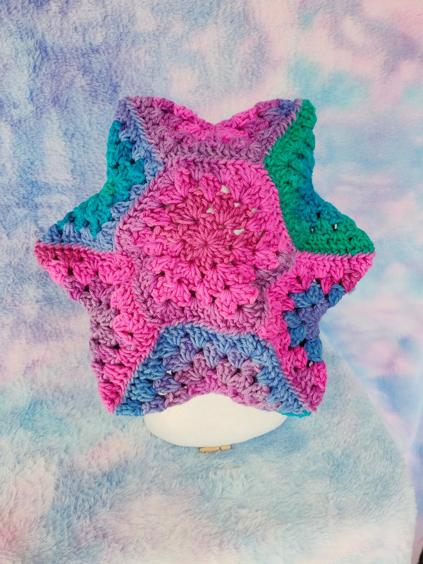 Pink, Purple and Teal Star Beret - Crochet Beret