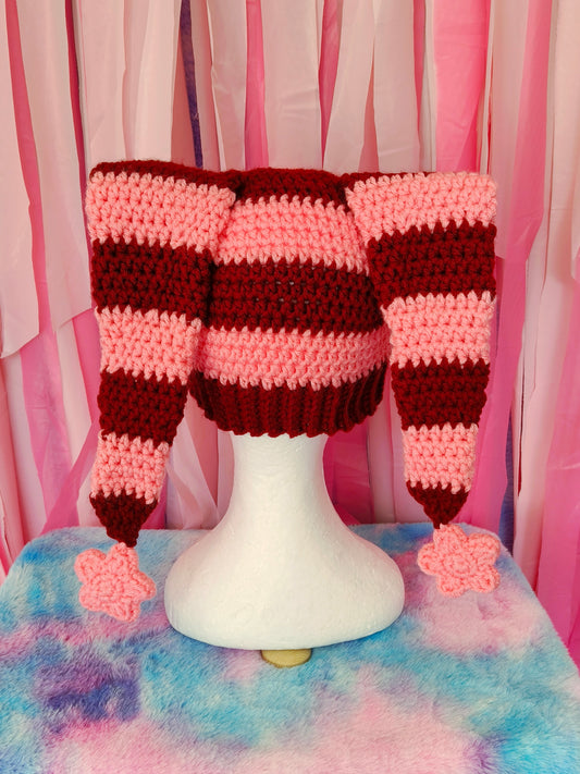 Pink and maroon Jester hat - Crochet Beanie