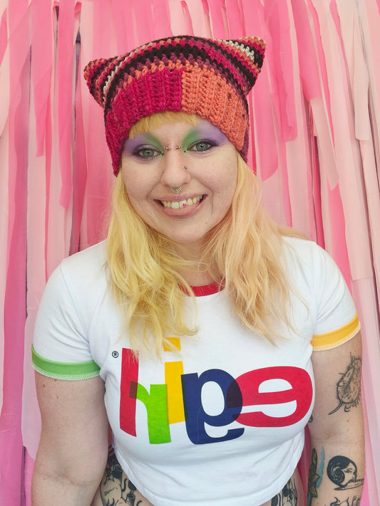 Red, Orange, Black cat ear beanie - Crochet Beanie